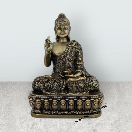 Brass Buddha Sitting On Flower Base Statue – 6 x 4 Inches | Antique Brass Buddha Idol for Home & Meditation Décor - Retail Maharaj