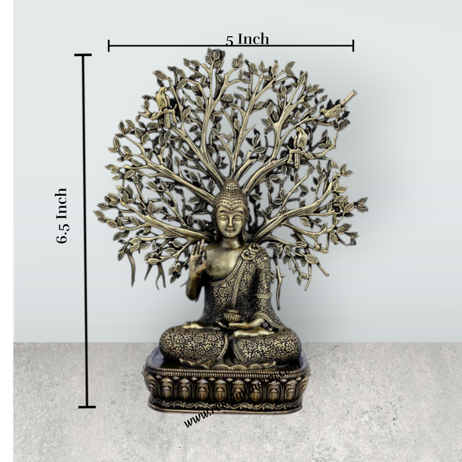 Buddha Sitting On Base Murti – Antique Brass Buddha Sculpture / Tree Design Buddha Idol for Home (6.5 x 5 Inches) - Retail Maharaj