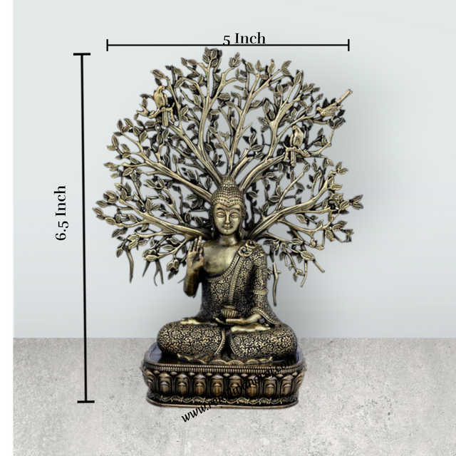 Buddha Sitting On Base Murti – Antique Brass Buddha Sculpture / Tree Design Buddha Idol for Home (6.5 x 5 Inches) - Retail Maharaj