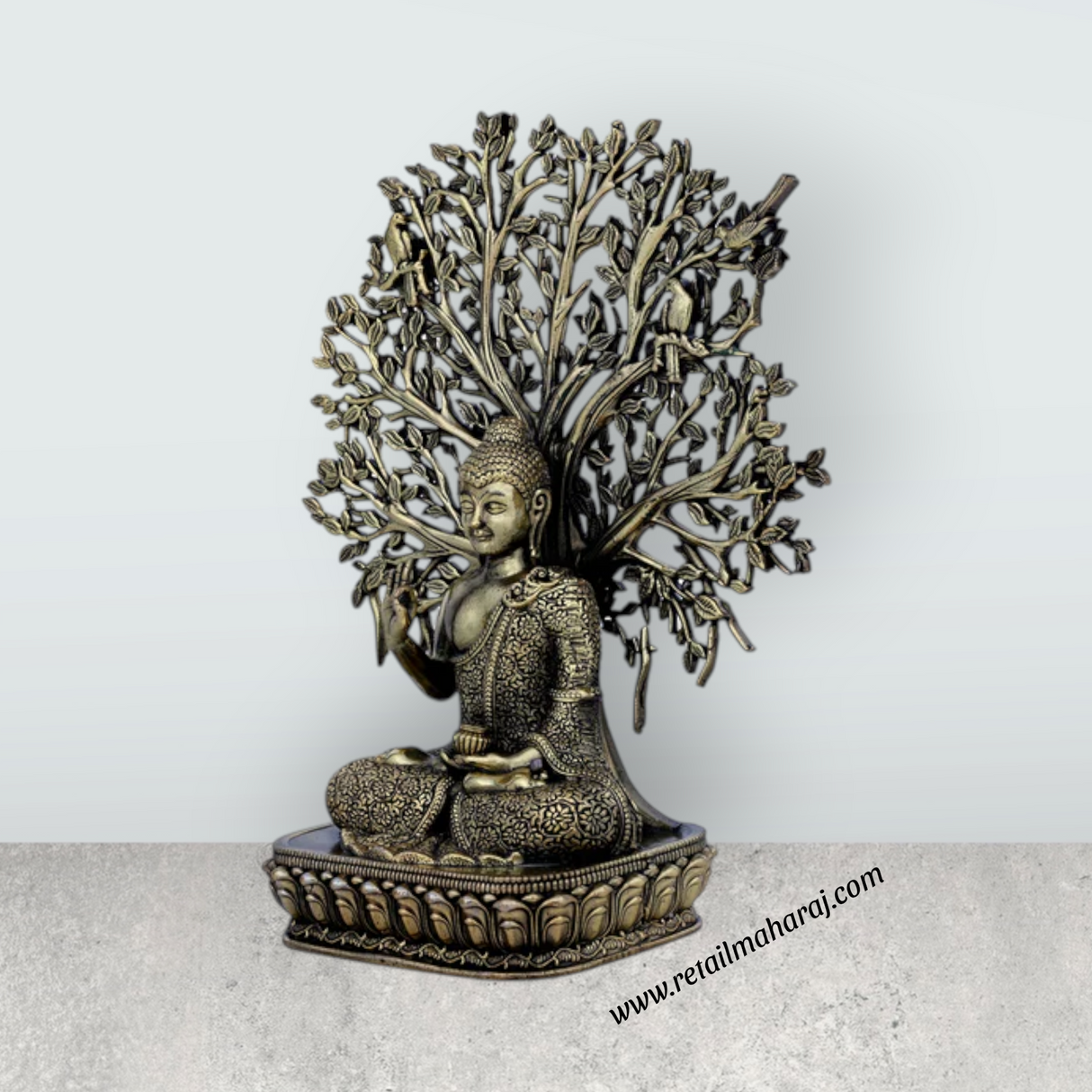 Buddha Sitting On Base Murti – Antique Brass Buddha Sculpture / Tree Design Buddha Idol for Home (6.5 x 5 Inches) - Retail Maharaj
