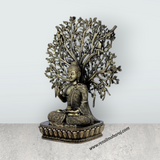 Buddha Sitting On Base Murti – Antique Brass Buddha Sculpture / Tree Design Buddha Idol for Home (6.5 x 5 Inches) - Retail Maharaj