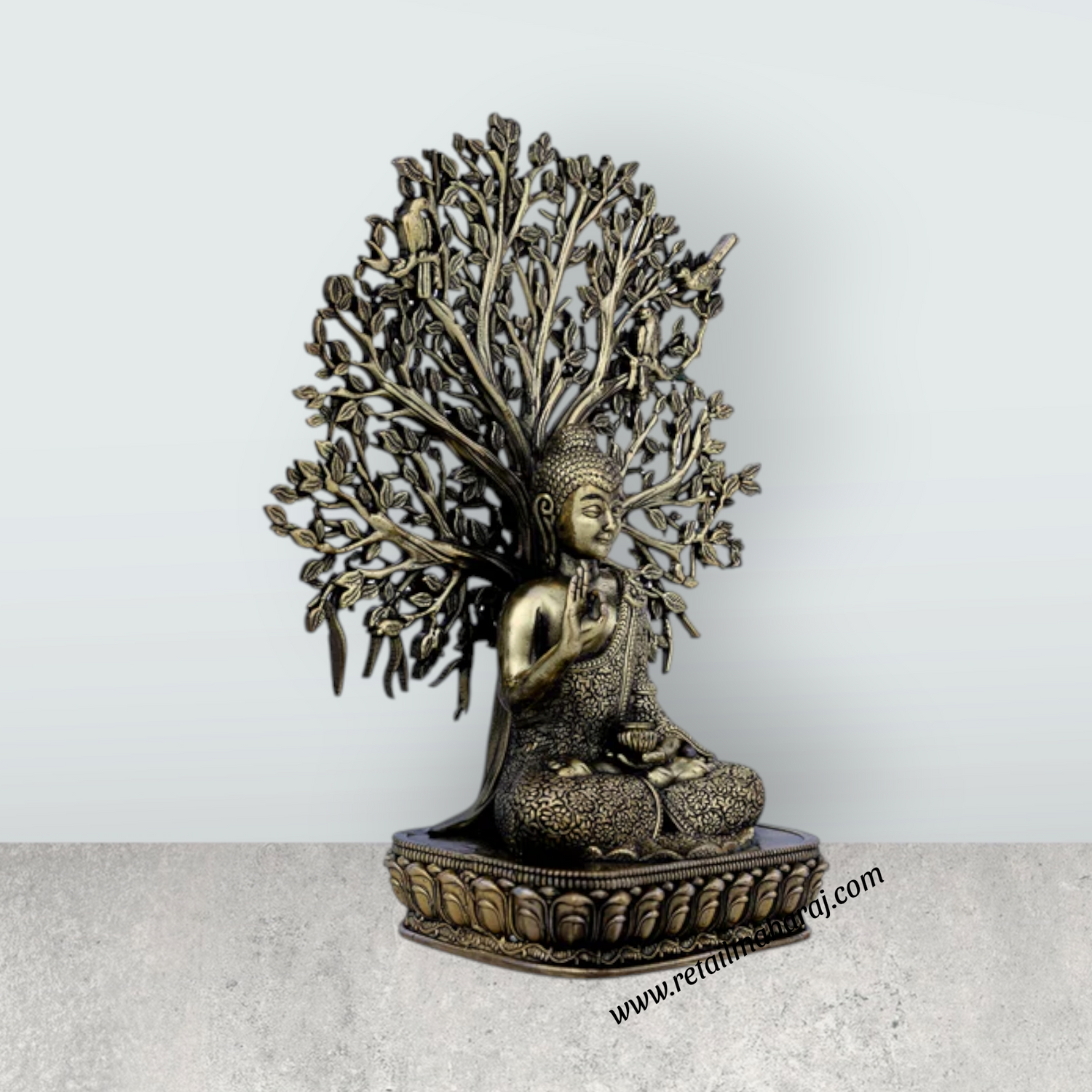 Buddha Sitting On Base Murti – Antique Brass Buddha Sculpture / Tree Design Buddha Idol for Home (6.5 x 5 Inches) - Retail Maharaj