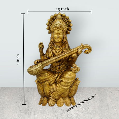 Saraswati Murti Sitting On Lotus Base - 1.5 x 1 Inches | Brass Idol/ Saraswathy Idol for Pooja - Retail Maharaj