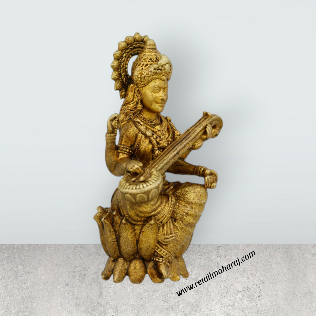 Saraswati Murti Sitting On Lotus Base - 1.5 x 1 Inches | Brass Idol/ Saraswathy Idol for Pooja - Retail Maharaj