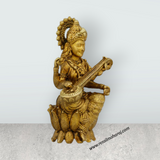 Saraswati Murti Sitting On Lotus Base - 1.5 x 1 Inches | Brass Idol/ Saraswathy Idol for Pooja - Retail Maharaj