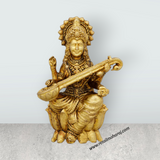 Saraswati Murti Sitting On Lotus Base - 1.5 x 1 Inches | Brass Idol/ Saraswathy Idol for Pooja - Retail Maharaj