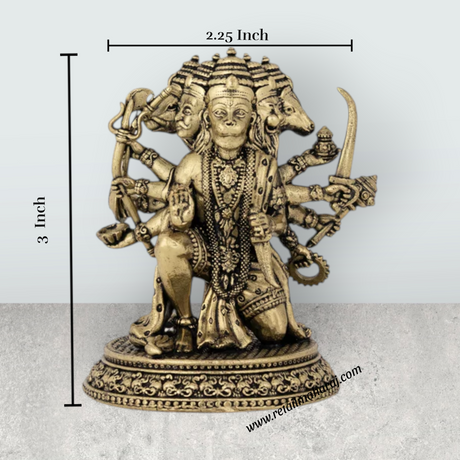 Panchamukha Hanuman Mandi On Base Murti - 6 x 5 Inches | Antique Brass Statue for Home Décor & Pooja - Retail Maharaj