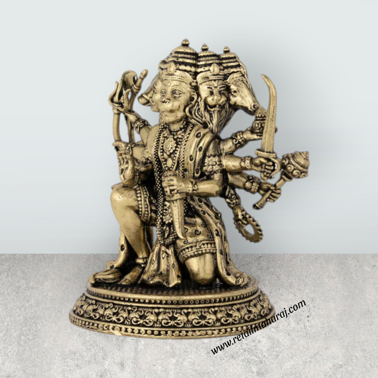 Panchamukha Hanuman Mandi On Base Murti - 6 x 5 Inches | Antique Brass Statue for Home Décor & Pooja - Retail Maharaj