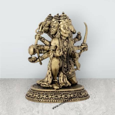 Panchamukha Hanuman Mandi On Base Murti - 6 x 5 Inches | Antique Brass Statue for Home Décor & Pooja - Retail Maharaj