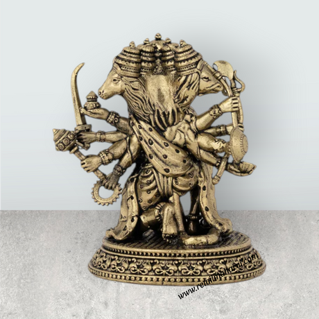 Panchamukha Hanuman Mandi On Base Murti - 6 x 5 Inches | Antique Brass Statue for Home Décor & Pooja - Retail Maharaj