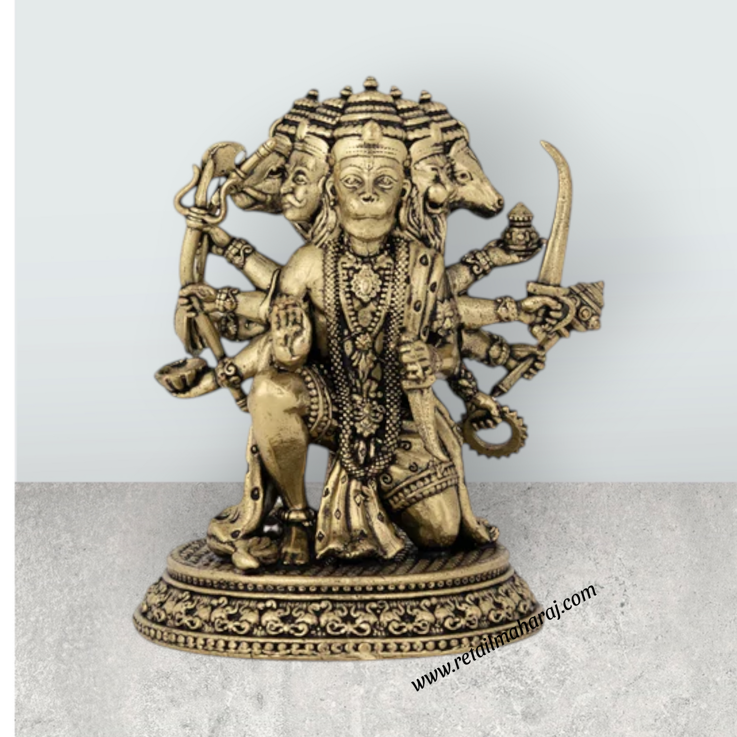 Panchamukha Hanuman Mandi On Base Murti - 6 x 5 Inches | Antique Brass Statue for Home Décor & Pooja - Retail Maharaj