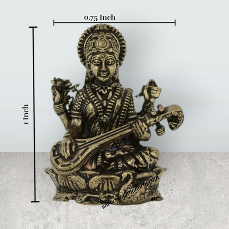 Saraswati Murti Sitting On Lotus – 1 x 0.75 Inches | Antique Brass Idol / Saraswathy Idol For Home Pooja Decor - Retail Maharaj