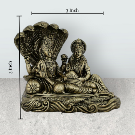 Vishnu Lakshmi Sitting on Sheshnag – Antique Brass Vishnu Lakshmi Idol / Murti for Home & Pooja Decor (3 x 3 Inches) - Retail Maharaj