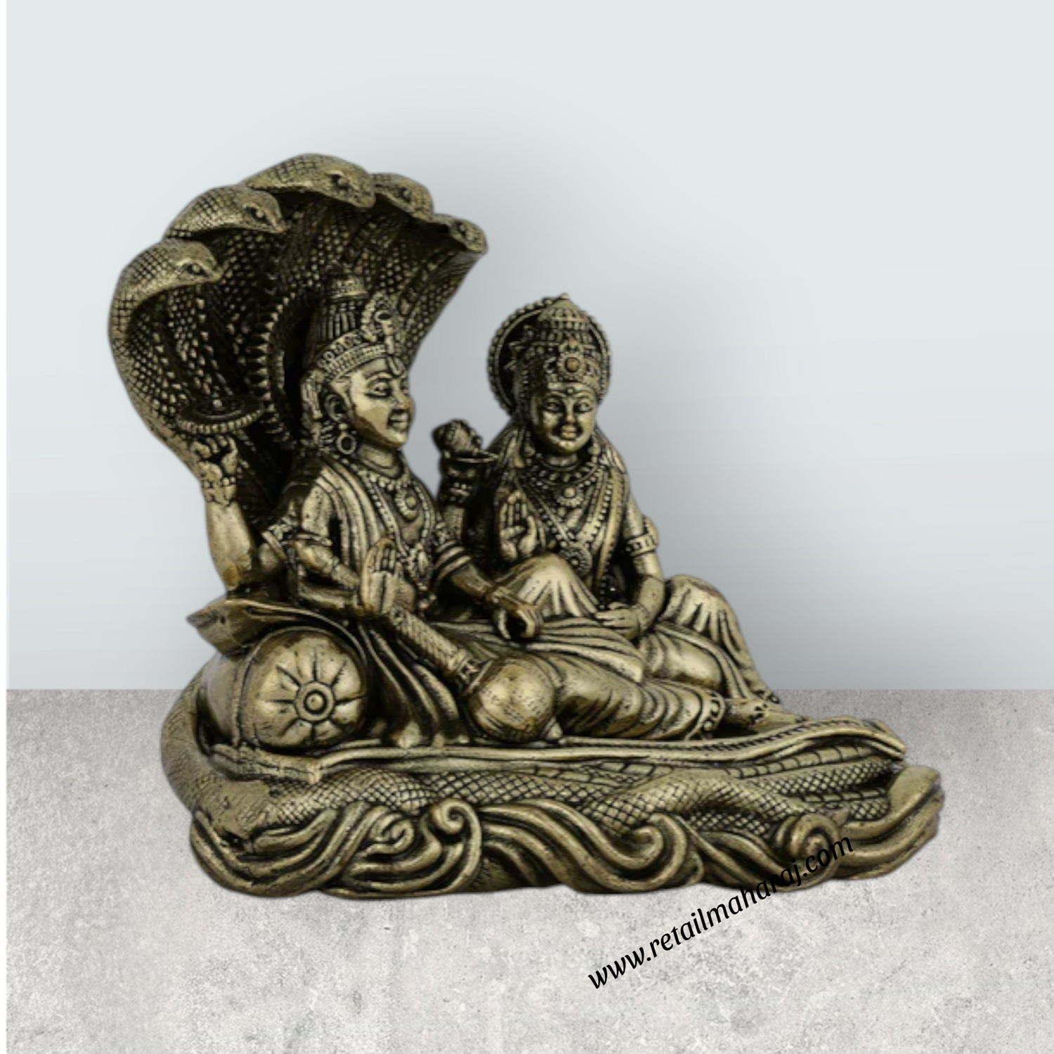 Vishnu Lakshmi Sitting on Sheshnag – Antique Brass Vishnu Lakshmi Idol / Murti for Home & Pooja Decor (3 x 3 Inches) - Retail Maharaj