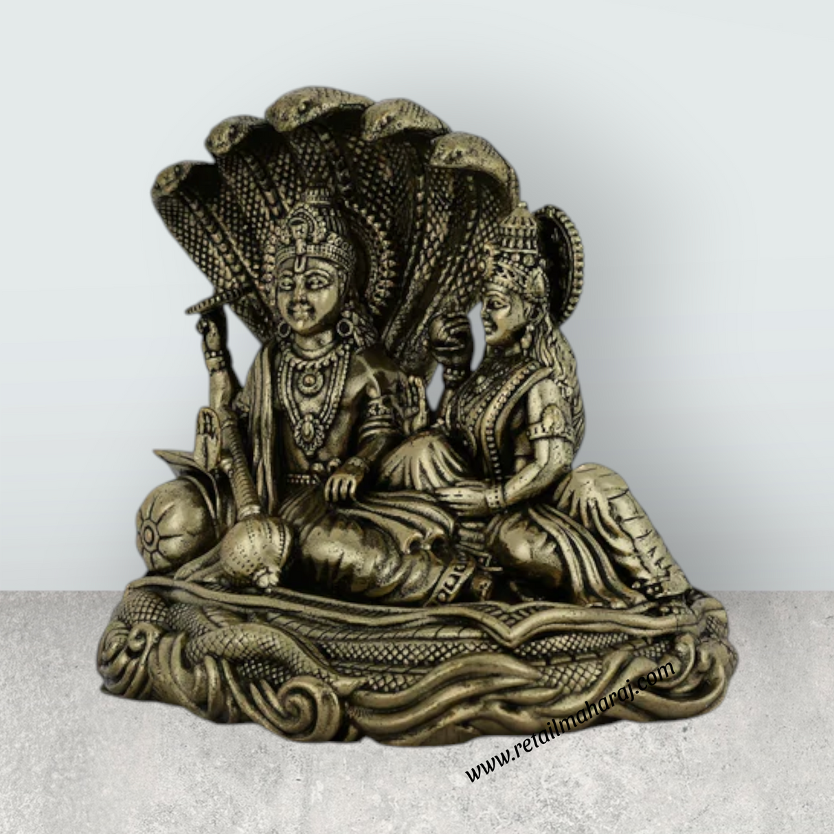 Vishnu Lakshmi Sitting on Sheshnag – Antique Brass Vishnu Lakshmi Idol / Murti for Home & Pooja Decor (3 x 3 Inches) - Retail Maharaj