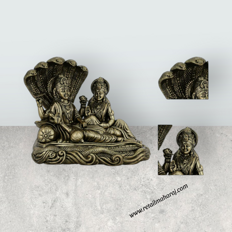 Vishnu Lakshmi Sitting on Sheshnag – Antique Brass Vishnu Lakshmi Idol / Murti for Home & Pooja Decor (3 x 3 Inches) - Retail Maharaj
