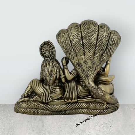Vishnu Lakshmi Sitting on Sheshnag – Antique Brass Vishnu Lakshmi Idol / Murti for Home & Pooja Decor (3 x 3 Inches) - Retail Maharaj