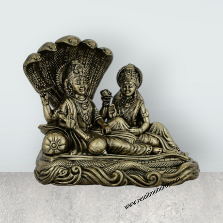 Vishnu Lakshmi Sitting on Sheshnag – Antique Brass Vishnu Lakshmi Idol / Murti for Home & Pooja Decor (3 x 3 Inches) - Retail Maharaj