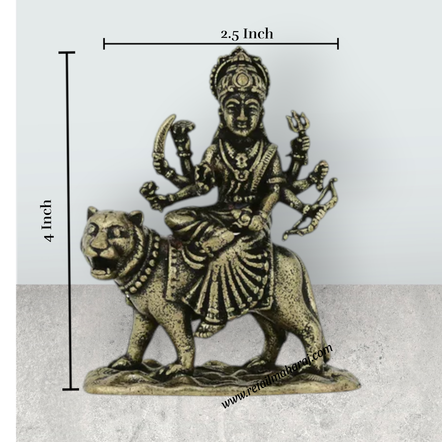 Durga Murti Sitting On Tiger – 1 x 0.75 Inches | Antique Brass Durga Idol / Durga Statue For Pooja Room Decor - Retail Maharaj