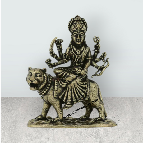 Durga Murti Sitting On Tiger – 1 x 0.75 Inches | Antique Brass Durga Idol / Durga Statue For Pooja Room Decor - Retail Maharaj