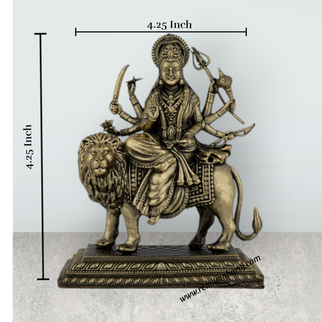 Brass Durga Sitting on Lion Murti – 4.25 x 4.25 Inches | Antique Brass Durga Statue for Home & Pooja Décor - Retail Maharaj