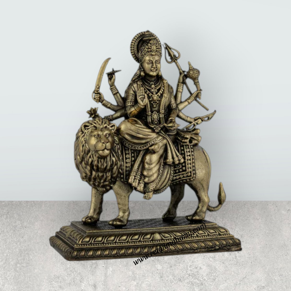 Brass Durga Sitting on Lion Murti – 4.25 x 4.25 Inches | Antique Brass Durga Statue for Home & Pooja Décor - Retail Maharaj