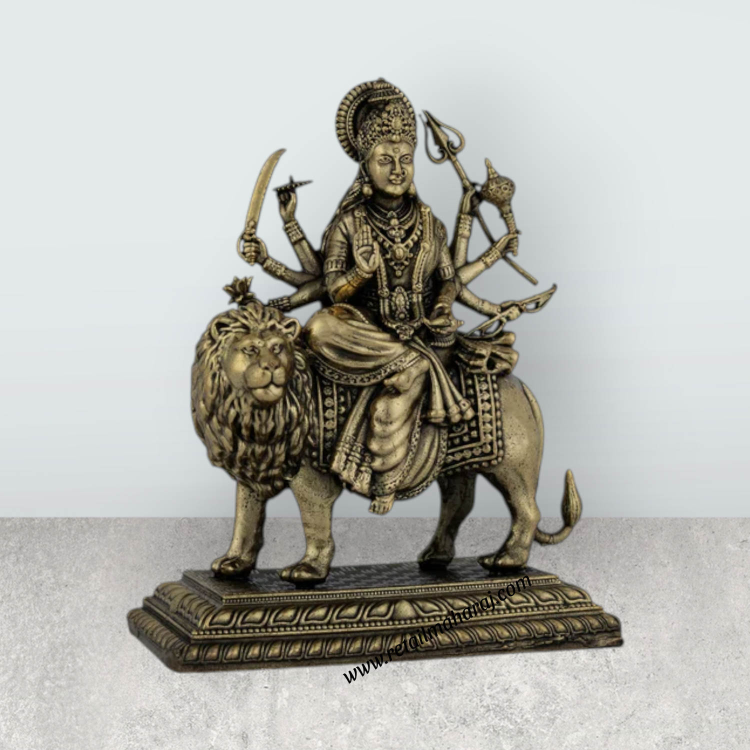 Brass Durga Sitting on Lion Murti – 4.25 x 4.25 Inches | Antique Brass Durga Statue for Home & Pooja Décor - Retail Maharaj