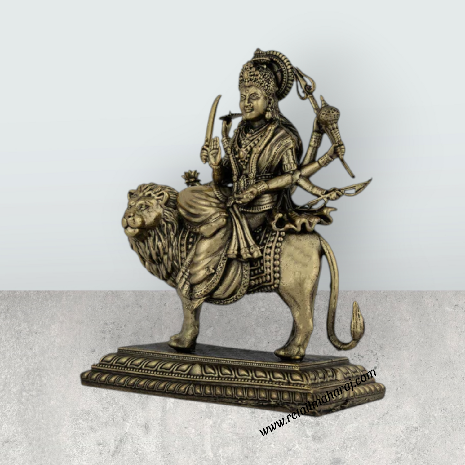 Brass Durga Sitting on Lion Murti – 4.25 x 4.25 Inches | Antique Brass Durga Statue for Home & Pooja Décor - Retail Maharaj