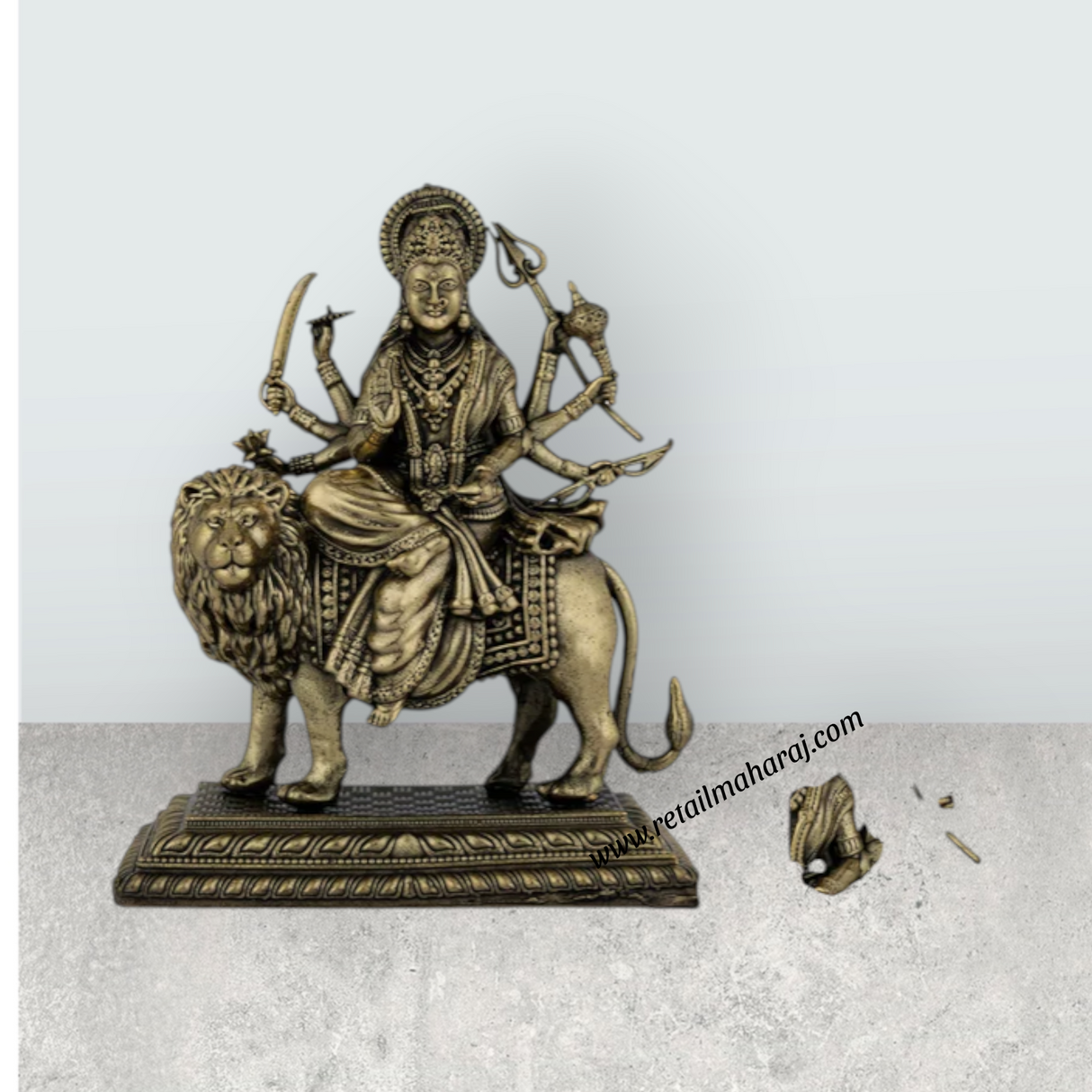 Brass Durga Sitting on Lion Murti – 4.25 x 4.25 Inches | Antique Brass Durga Statue for Home & Pooja Décor - Retail Maharaj