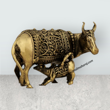 Brass Cow & Calf Idol With Base – 4.25 x 5 Inches | Antique Kamadhenu Idol for Pooja & Home Décor - Retail Maharaj
