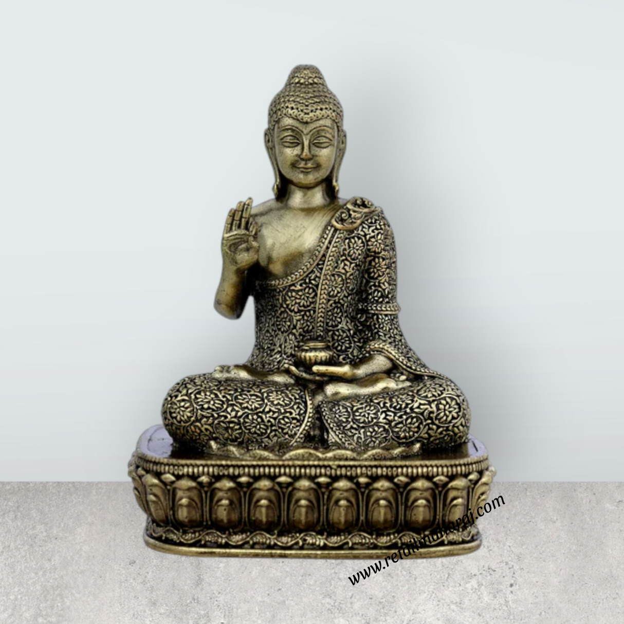 Brass Buddha Sitting On Flower Base Statue – Antique Brass Buddha Idol for Home Décor & Meditation (4 x 2.75 Inches) - Retail Maharaj