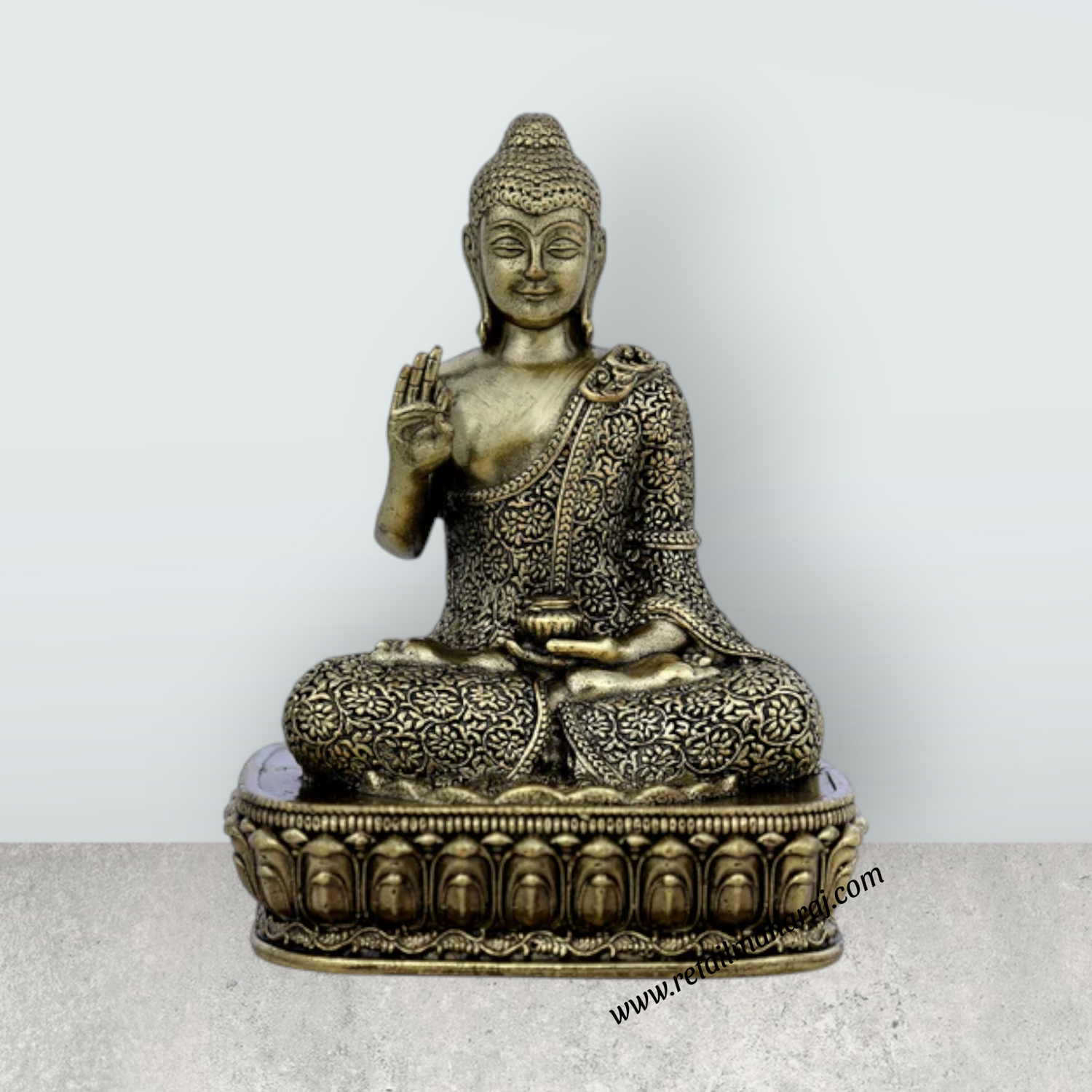 Brass Buddha Sitting On Flower Base Statue – Antique Brass Buddha Idol for Home Décor & Meditation (4 x 2.75 Inches) - Retail Maharaj