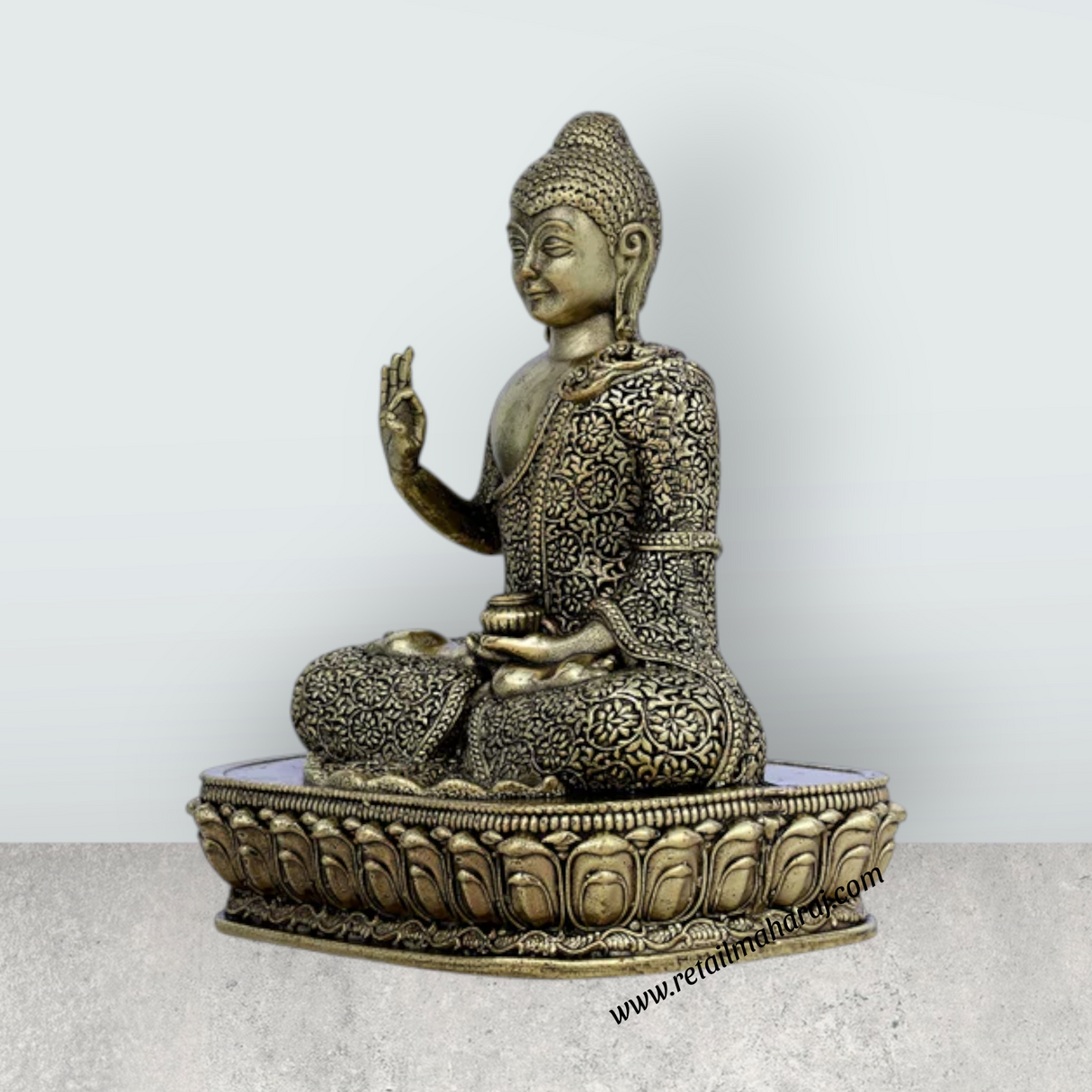 Brass Buddha Sitting On Flower Base Statue – Antique Brass Buddha Idol for Home Décor & Meditation (4 x 2.75 Inches) - Retail Maharaj