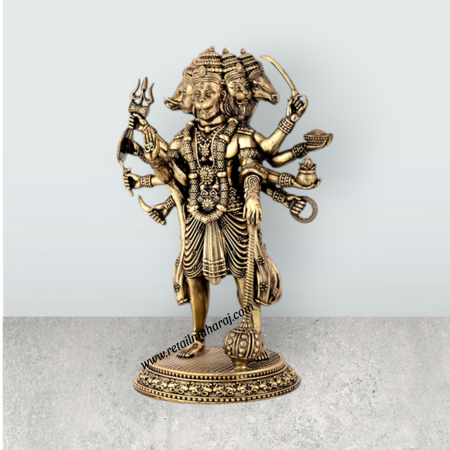 Panchamukhi Hanuman Standing On Base Murti - 6.5 x 4 Inches | Antique Brass Statue for Home Décor & Pooja - Retail Maharaj