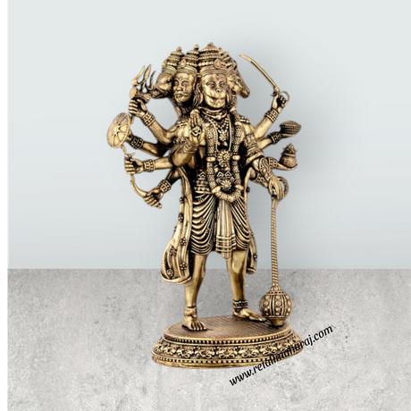 Panchamukhi Hanuman Standing On Base Murti - 6.5 x 4 Inches | Antique Brass Statue for Home Décor & Pooja - Retail Maharaj