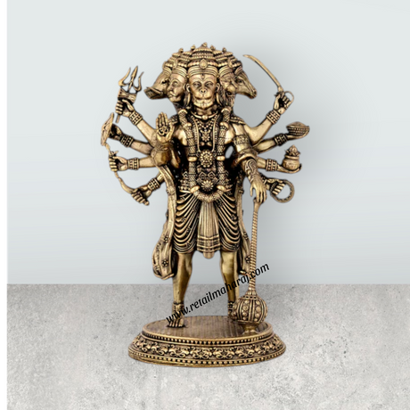 Panchamukhi Hanuman Standing On Base Murti - 6.5 x 4 Inches | Antique Brass Statue for Home Décor & Pooja - Retail Maharaj
