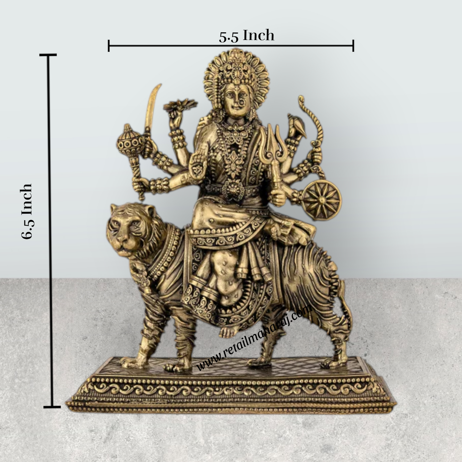 Brass Durga Sitting on Tiger Murti - 6.5 x 5.5 Inches | Antique Brass Durga Statue for Home & Pooja - Retail Maharaj