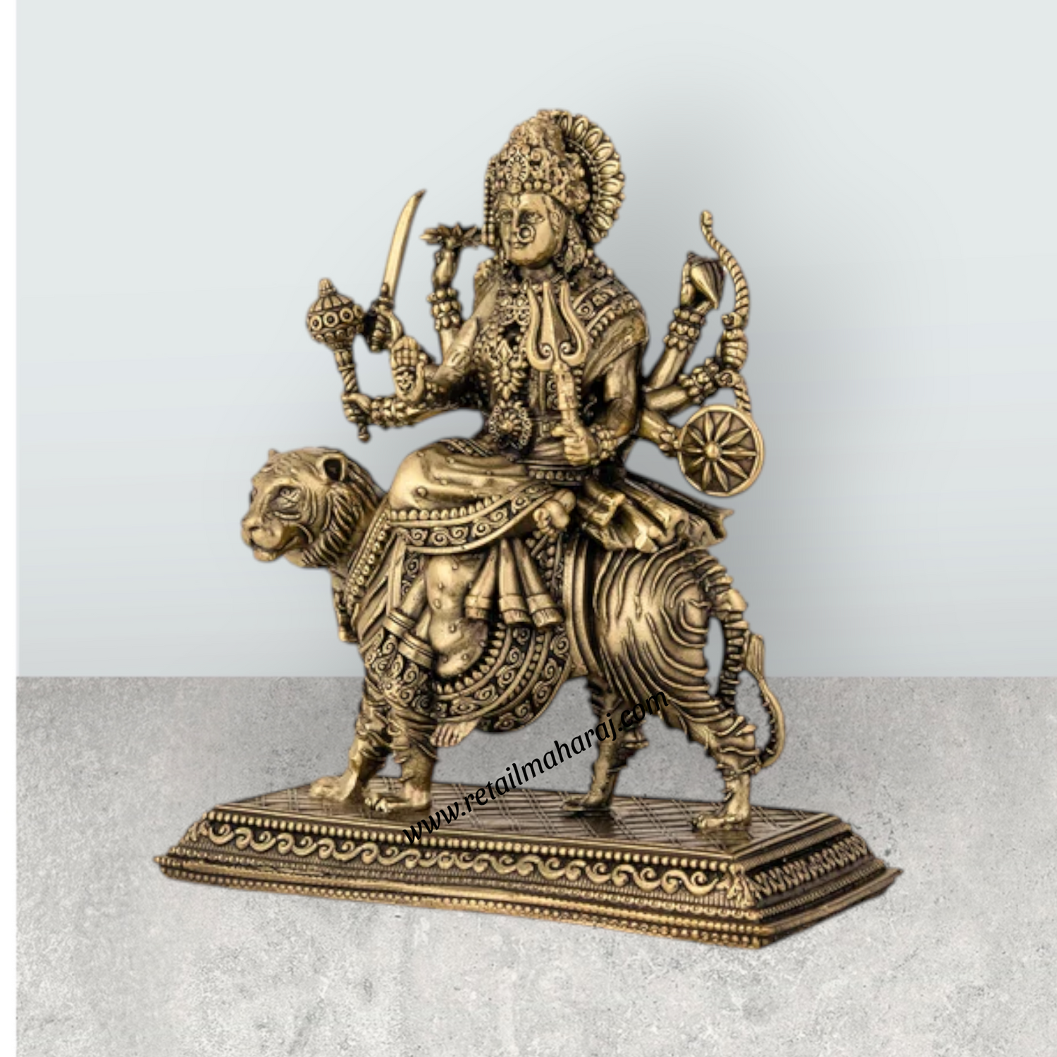 Brass Durga Sitting on Tiger Murti - 6.5 x 5.5 Inches | Antique Brass Durga Statue for Home & Pooja - Retail Maharaj