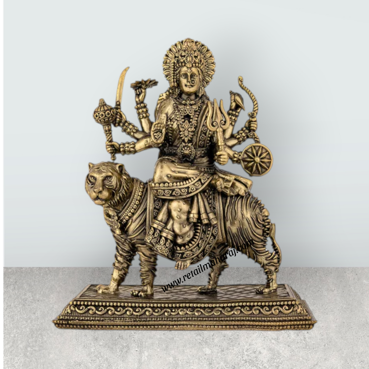 Brass Durga Sitting on Tiger Murti - 6.5 x 5.5 Inches | Antique Brass Durga Statue for Home & Pooja - Retail Maharaj