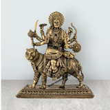 Brass Durga Sitting on Tiger Murti - 6.5 x 5.5 Inches | Antique Brass Durga Statue for Home & Pooja - Retail Maharaj