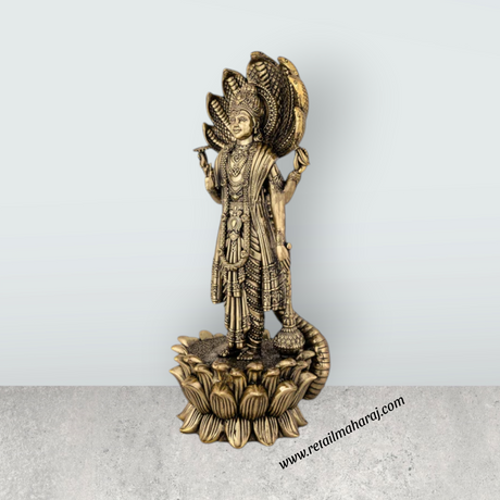 Vishnu Sheshnag Standing on Kamal Base – Antique Brass Vishnu Idol / Murti for Home & Pooja Decor (11 x 4 Inches) - Retail Maharaj