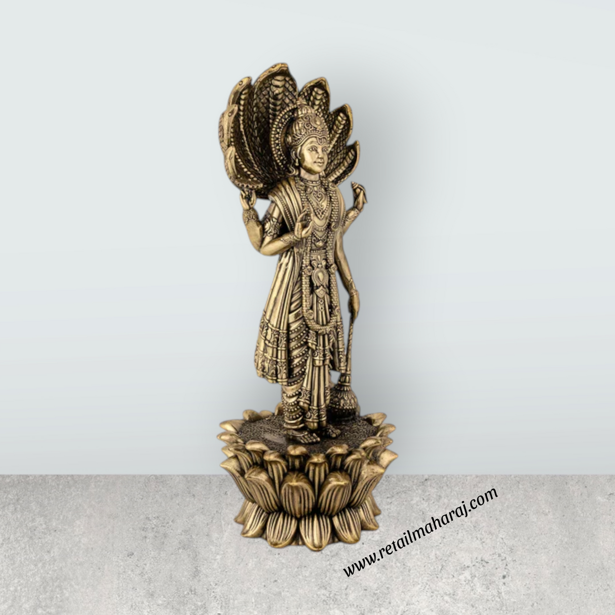Vishnu Sheshnag Standing on Kamal Base – Antique Brass Vishnu Idol / Murti for Home & Pooja Decor (11 x 4 Inches) - Retail Maharaj