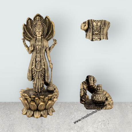 Vishnu Sheshnag Standing on Kamal Base – Antique Brass Vishnu Idol / Murti for Home & Pooja Decor (11 x 4 Inches) - Retail Maharaj