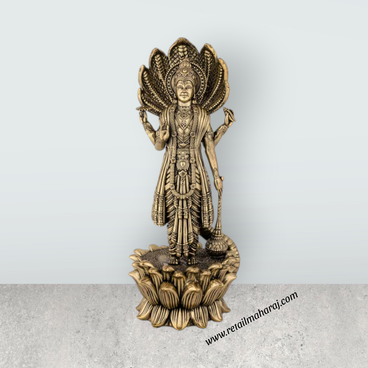 Vishnu Sheshnag Standing on Kamal Base – Antique Brass Vishnu Idol / Murti for Home & Pooja Decor (11 x 4 Inches) - Retail Maharaj