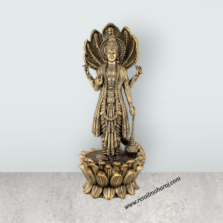 Vishnu Sheshnag Standing on Kamal Base – Antique Brass Vishnu Idol / Murti for Home & Pooja Decor (11 x 4 Inches) - Retail Maharaj