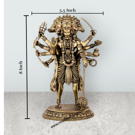 Panchamukha Hanuman Standing On Base Murti - 8 x 5.5 Inches | Antique Brass Anjaneyar Statue for Home & Pooja - Retail Maharaj