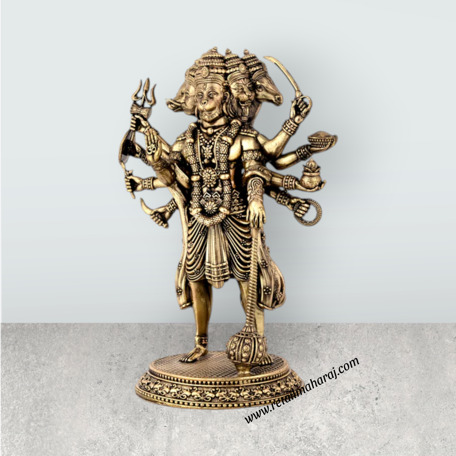 Panchamukha Hanuman Standing On Base Murti - 8 x 5.5 Inches | Antique Brass Anjaneyar Statue for Home & Pooja - Retail Maharaj