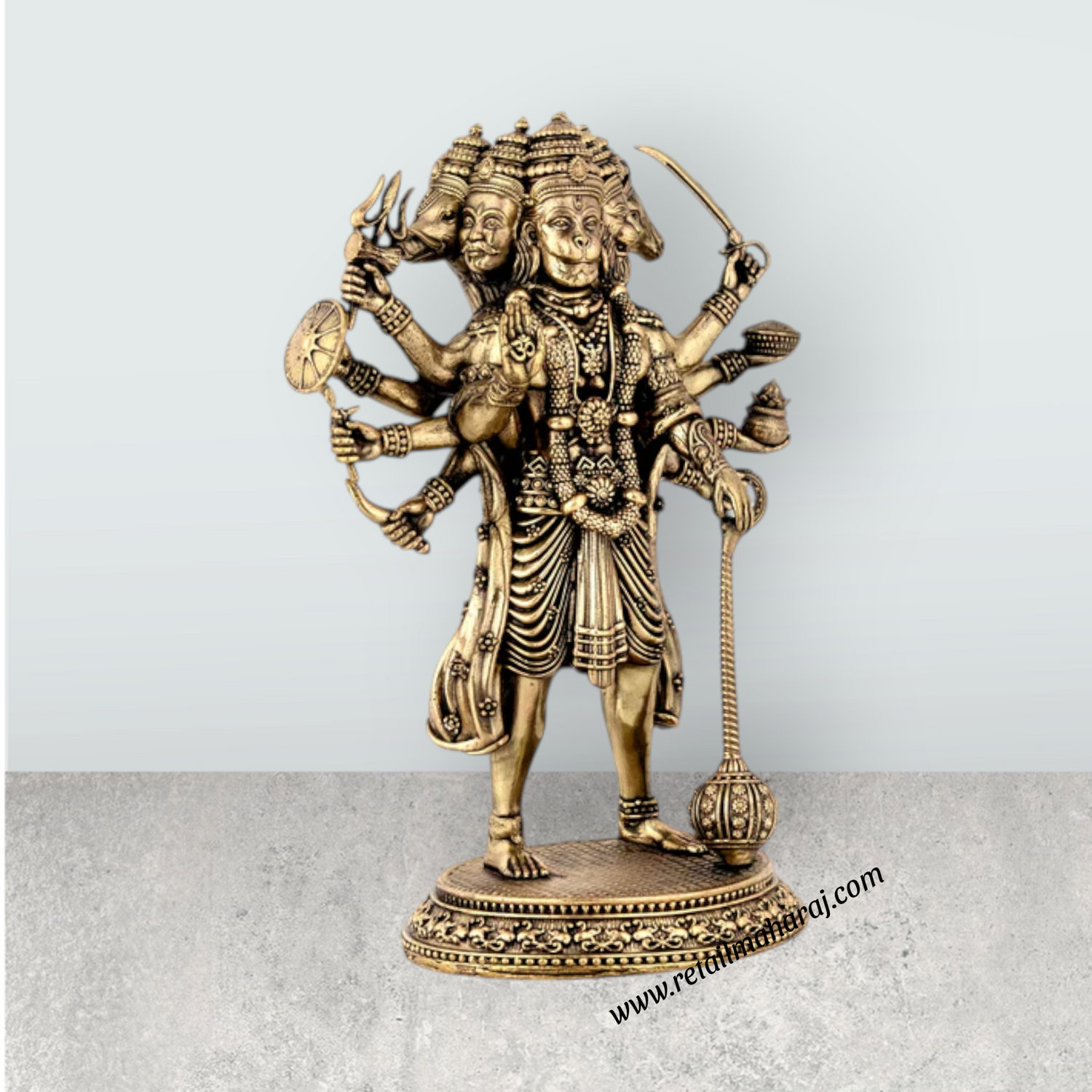 Panchamukha Hanuman Standing On Base Murti - 8 x 5.5 Inches | Antique Brass Anjaneyar Statue for Home & Pooja - Retail Maharaj