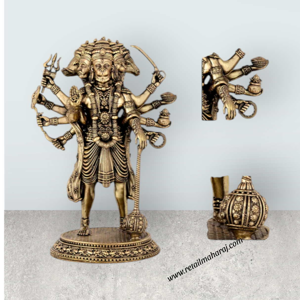 Panchamukha Hanuman Standing On Base Murti - 8 x 5.5 Inches | Antique Brass Anjaneyar Statue for Home & Pooja - Retail Maharaj