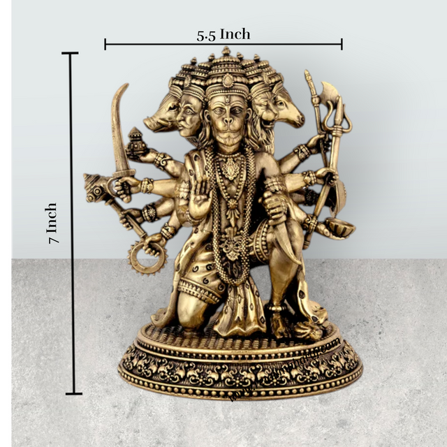 Panchamukhi Hanuman Mandi On Base Murti - 7 x 5.5 Inches | Antique Brass Anjaneyar Statue for Home & Pooja - Retail Maharaj
